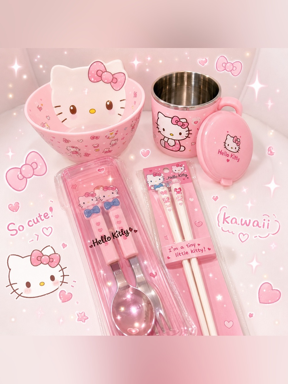 Hello Kitty Plastic Dining Set – Bowl, Mug w/ Lid, Chopsticks, Fork & Spoon